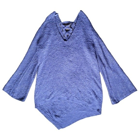 Democracy Blue Lace-up Bell Sleeve Asymmetrical/High-Low Sweater - XL - Picture 5 of 12